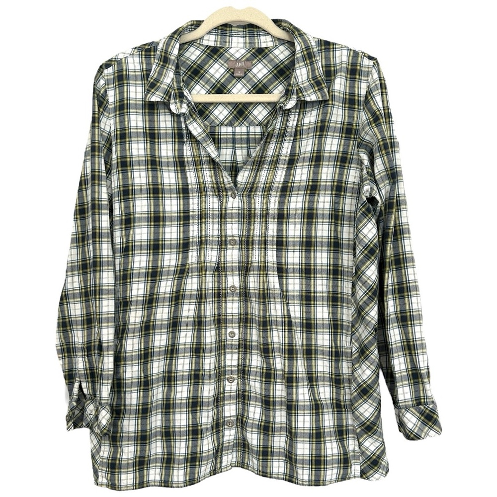 J.Jill Plaid Tunic Top Large Blue Yellow Plaid Pockets
Cotton Button Front Sz M